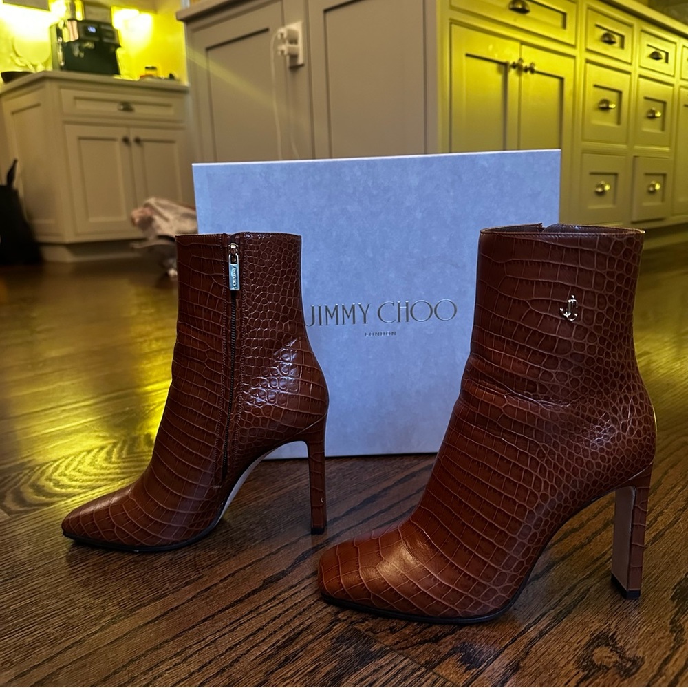 ❌SOLD❌ Jimmy Choo Brown Tan Croc Embossed Heeled Boots size 36.5 - Picture 1 of 15